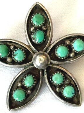 VINTAGE ZUNI BROOCH PENDANT SIGNED SNAKE EYE STAR TURQUOISE STERLING SILVER 6g